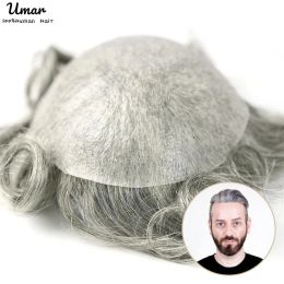 Toupees 0.020.03 mm 80% cabello gris súper delgados hombres toupee nudos fuertes reemplazo de cabello indetectable línea de cabello envío rápido