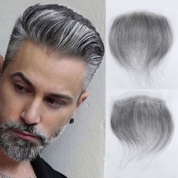 Tupés 1b 60 Gris Hombre Recto Tupé V Estilo Línea Frontal Para Hombres Piezas de Cabello Humano Piel Ultra Delgada PU Prótesis Capilar para Hombres