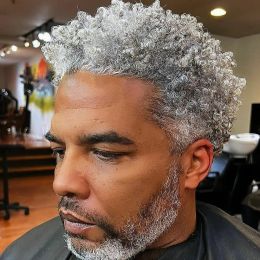 Toupees 1B80 1B65 Cabello gris Full Piel Base Men Toupee 15 mm Cabezo humano Sistema de reemplazo masculino Afro peinado para hombres negros