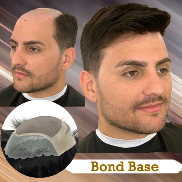 Toupees Bond Base 100% Human Human's Men's Toupee Hair Piece pour hommes Remy Hair Fine Mono Lace avec PU durable haute qualité
