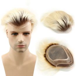 Tupés Eseewigs Brown Roots 60 Platinum Blonde Ombre Toupee 4T60 Sistema de reemplazo de cabello humano Remy brasileño recto para hombres 10x8