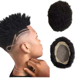 Toupees Indian Virgin Human Hair stuk 4mm Afro Kinky Curl 7x9 Mono Lace Toupee voor zwarte mannen