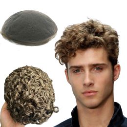 Toupees N.L.W Volledige kanten toupee voor mannen lichtbruin haartoupe 10 mm afro krul mannen haarstuk vervanging grootte10*8