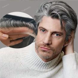 Pruiken Natuurlijke haarlijn Bleekmiddel Knoop Haarprothese Q6 Ademend Zwitsers kant PU-haarstukje 100% echt haar Grijze toupet Voor mannen
