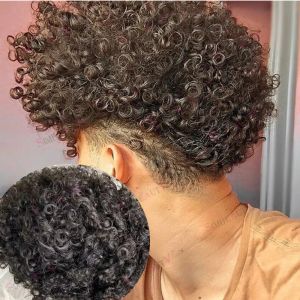 Toupees toupees 15 mm afro krullende mens haar heren toupee natuurlijke haarlijn duurzame fijne mono kant pu base voor mannen zwaaien mannen prothese syst