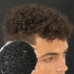 TOUPEES TOUPEES 18 mm bouclé respirant fin fine mono lacenpu base hommes toupee 100% système de cheveux humain prothèse mâle naturelle noire noire Blo
