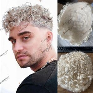 TOUPEES VLOOPED PU SKINE TOUPE TUPEE NATURELLE 20 mm Curly Platinum Blonde Human Heum For Men Brown Hair 130 DENSITY PERTHEUSE CAPILLARY 0,06 mm