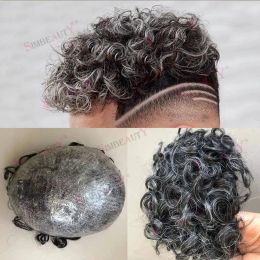 Tupés Venta al por mayor 20 mm Rizado Durable Piel completa Base de Pu Cabello humano Tupé Cabello gris Línea de cabello natural # 1B20 Unidad de postizos de micropiel para hombres