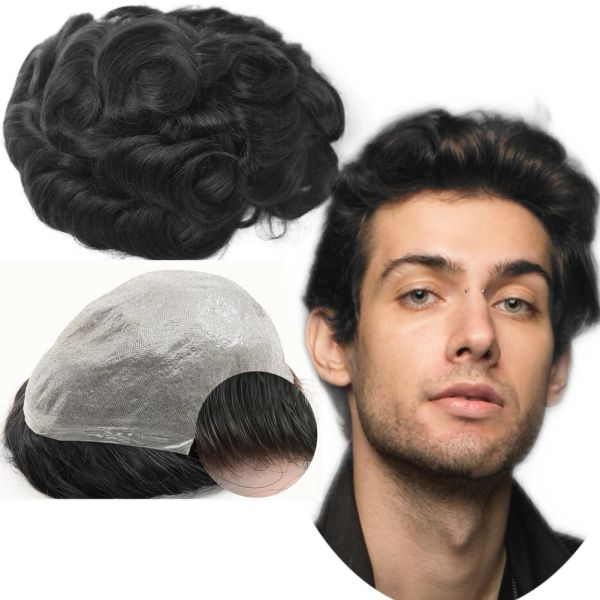 Toupets YANAHAIR Toupet pour hommes 8x10 pièces ondulées postiche de remplacement pour hommes 100% européen vrais cheveux humains système de peau PU # 1 noir de jais