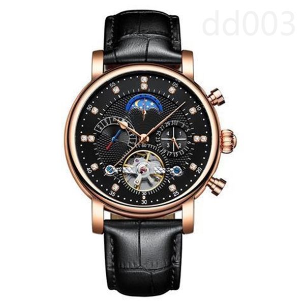 Tourbillon montre homme relojes de diseño de lujo correa de cuero de alta calidad impermeable ocio diario para hombre reloj de luna chapado en oro bisel de plata sb042