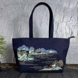 Attraction touristique sac de style ethnique Broidered Denim Tissu épaule Bag de femme Sac à main rétro de style chinois littéraire Hanfu