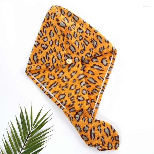 Toalla 25x65 cm Envoltura suave y absorbente Moda para la cabeza Estampado de leopardo Terciopelo Gorro para el cabello seco Botones de madera Firme Durable