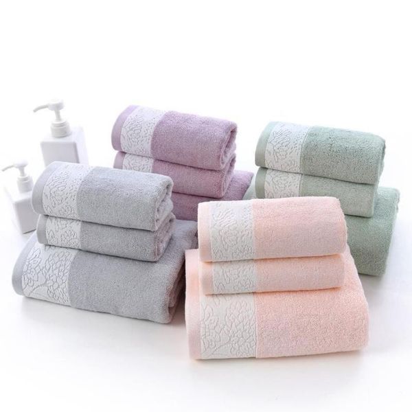 Serviette 3 pièces/lot ensemble de fibres de bambou couleur unie imprimé fleuri visage serviettes de bain ménage Rectangle bonne Absorption d'eau maison