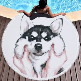 Handdoek 460g Microfiber Grappige Hond Husky Strand Leuke 3d Gedrukt Ronde Volwassen Bad Picknick Deken Mat Wandtapijt Met