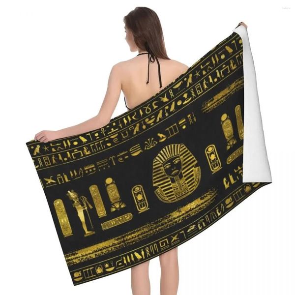 Serviette de bain égyptienne antique, Sphinx et hiéroglyphes, plage, personnalisée, dorée, en lin doux, en microfibre