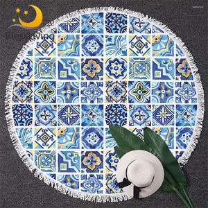 Serviette Blessliving aquarelle plage méditerranéenne céramique ronde carrés géométriques de couverture d'été Mandala floral mat