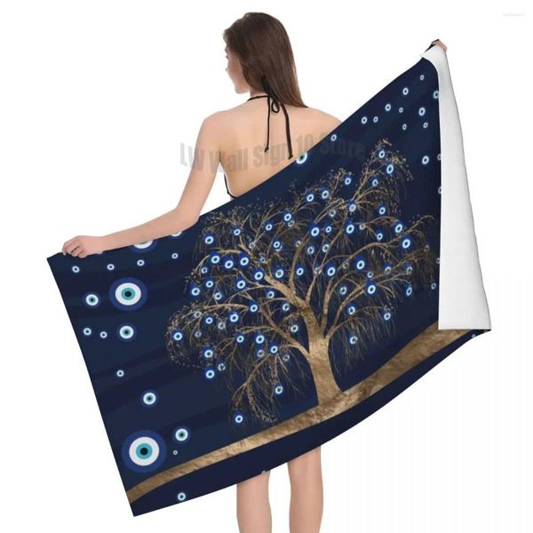 Serviette de bain en microfibre respirante, arbre à breloques or sur bleu foncé, bain de plage, séchage rapide, amulette Nazar mauvais œil, serviettes de piscine