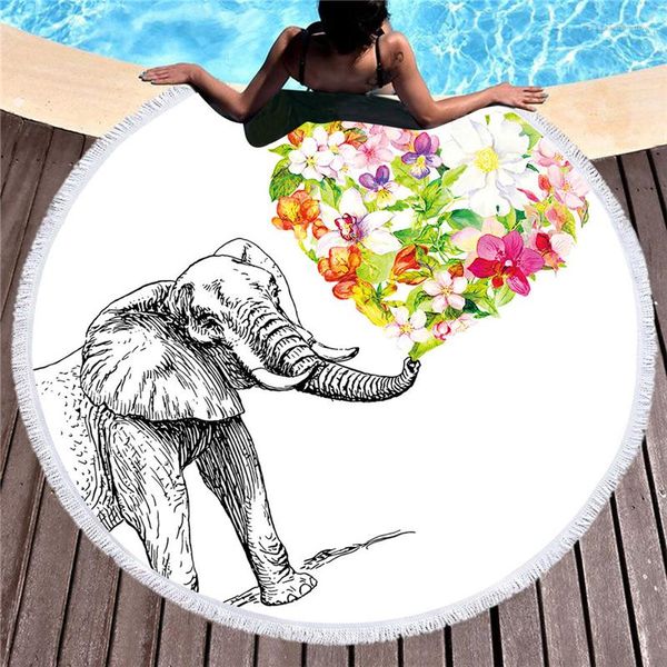 Serviette de plage en microfibre imprimée d'éléphant, tapis de Yoga pour adultes, couverture à pampilles, grands flamants roses, tapisserie ronde de 150cm, décoration de maison