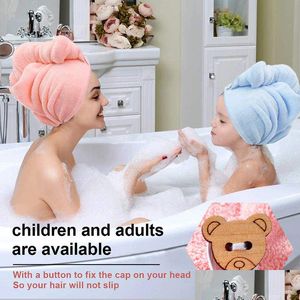 Handdoek Sneldrogend Haarverzorging Cap Met Knop Microfiber Super Absorberende Wrap Voor Vrouwen Badkamer Accessoires Drop Delivery Huis Tuin H Dhiq0