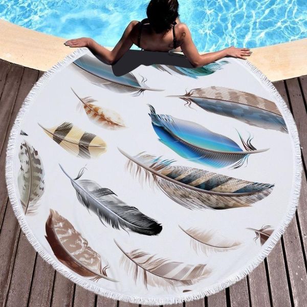 Serviette Plume Imprimé 150cm Plage Ronde Doux Microfibre Couverture D'été Sport Natation Bain