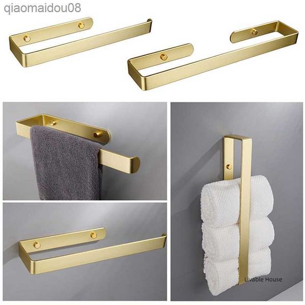 Porte-serviettes Salle de bains Rack Bar Golden Kitchen Roll Paper Hand Towel Hanger Self Towel Hanger Self Storage Shelf Punching L230704