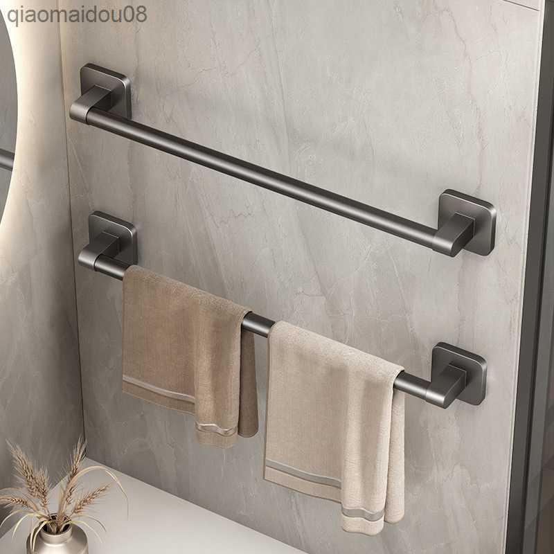 Towel Holder Space Aluminum No Drilling Bathroom Organizers Self-adhesive Towel Bar Bathroom Shelves Kitchen Storage Rack L230704