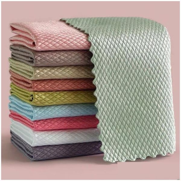 Serviette Cuisine Anti-Graisse Wi Rags Super Absorbant Microfibre Efficace Écaille De Poisson Essuie-linge Lint Maison Lavage Plat Miroir Verre Voiture C Dhiup