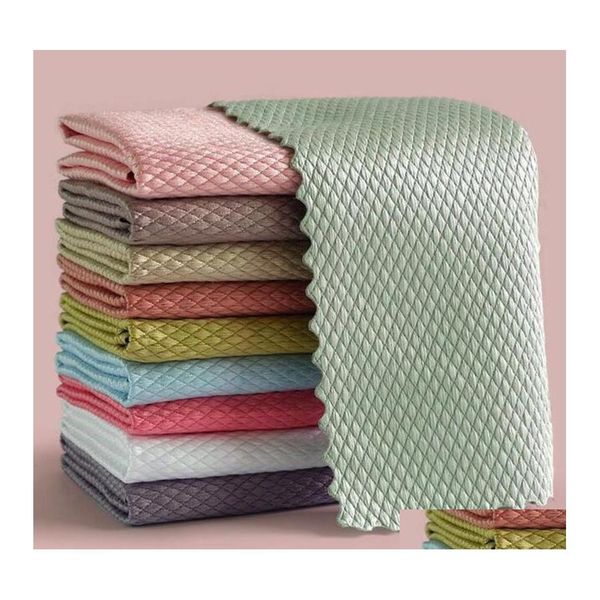 Serviette Cuisine Antigraisse Wi Rags Super Absorbant Microfibre Efficace Écaille De Poisson Essuyer Chiffon Lint Maison Lavage Plat Miroir Verre Voiture Ottgy