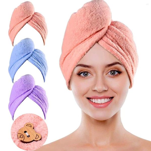 Toalla de microfibra para secar el cabello, turbante súper absorbente con botón de oso, rápido para mujeres/niños