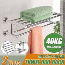 Toalleros 60 cm Pulido de superficie de acero inoxidable Doble montado en la pared Soporte de estante de baño Estante plegable 297t