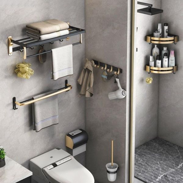 Porte-serviettes ensemble de matériel de salle de bain, étagère d'angle en aluminium, rangement de douche de luxe, brosse de toilette sans perceuse, organisateur de maison