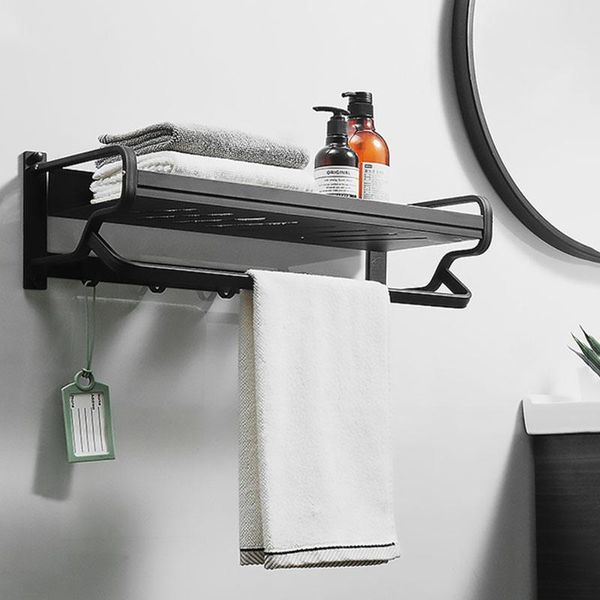 Porte-serviettes support de salle de bain Rail mural noir/argent étagère en alliage d'aluminium avec crochets accessoires sans clou