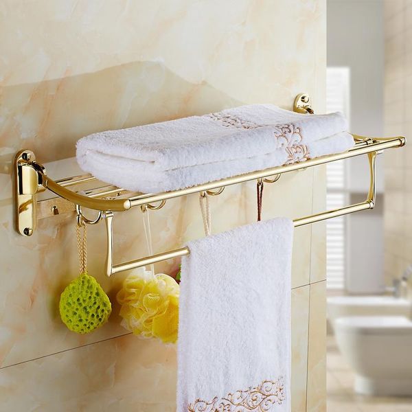 Toalleros Estante de baño 304 Acero inoxidable Montado en la pared Accesorios de baño plegables con ganchos Oro / Oro rosa / Cromo