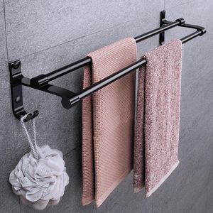 Porte-serviettes Noir Rack Espace Barre En Aluminium Vêtements Crochet De Stockage Mural Salle De Bains Non-perforé Accessoires