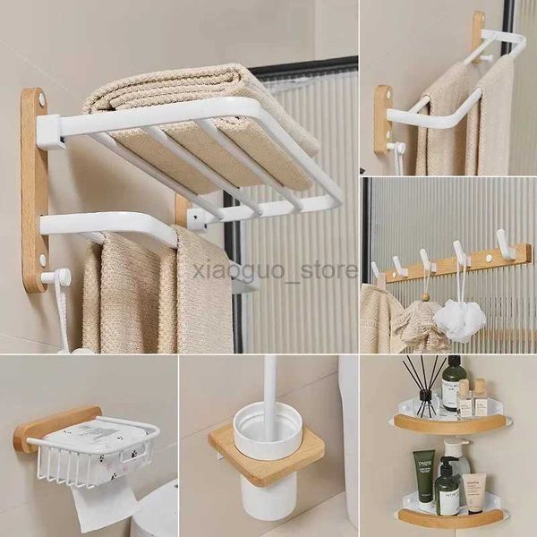 Anillos de toalla Conjuntos de accesorios de baño de madera Toallero Soporte de papel Toallero Barra Gancho Estante de haya Accesorios de baño Kit blanco 240321