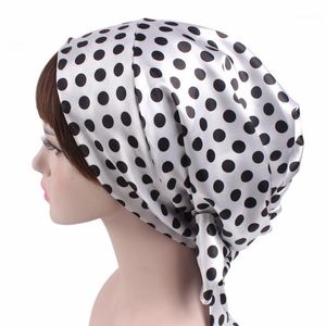 Serviette douce femmes Satin imprimé ruban nœud Turban casquette dormir douche soie cheveux longs soin Bonnet bandeau chapeau accessoires1