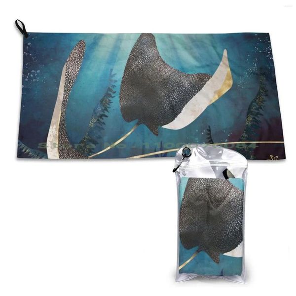 Toalla Stingray Secado Rápido Gimnasio Deportes Baño Portátil Océano Naturaleza Marina Acuático Oro Azul Kelp Abstracto Contemporáneo