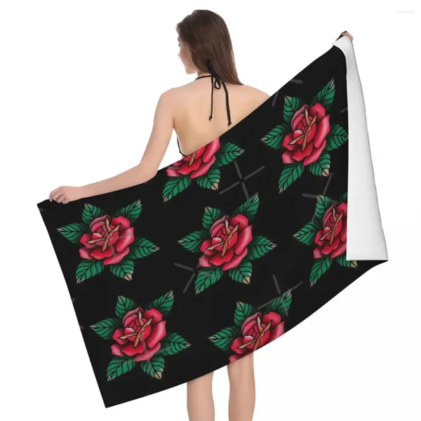 Toalla Tradicional Rosa Roja Tatuaje 80x130cm Baño Agradable para la piel para regalo de recuerdo de picnic