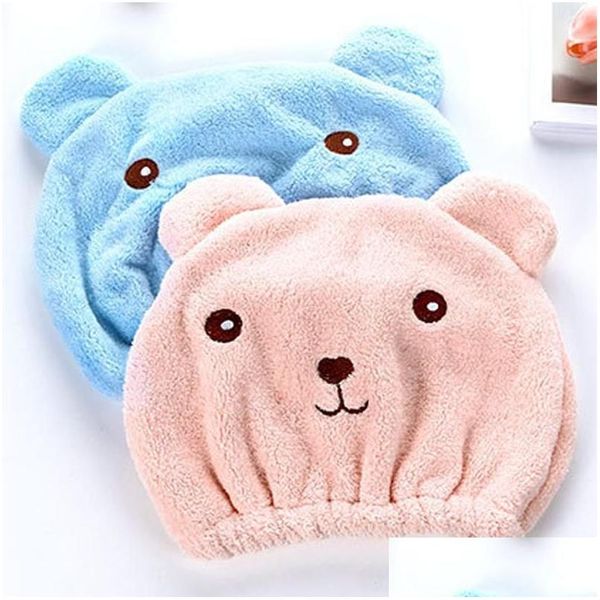 Serviette En Gros Séchage Rapide Cheveux Cap Accessoires De Bain Mignon Ours Douche Pour Enveloppé Microfibre Chapeaux Casquettes Superfine Drop Delivery Accueil Dhkex