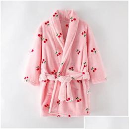 Serviettes Robes 100-175cm Peignoir pour enfants Flanelle Doux Pyjamas chauds Adt Adolescent Vêtements de nuit Bain pour enfants Hiver Cherry Girls 24011 Dhetu
