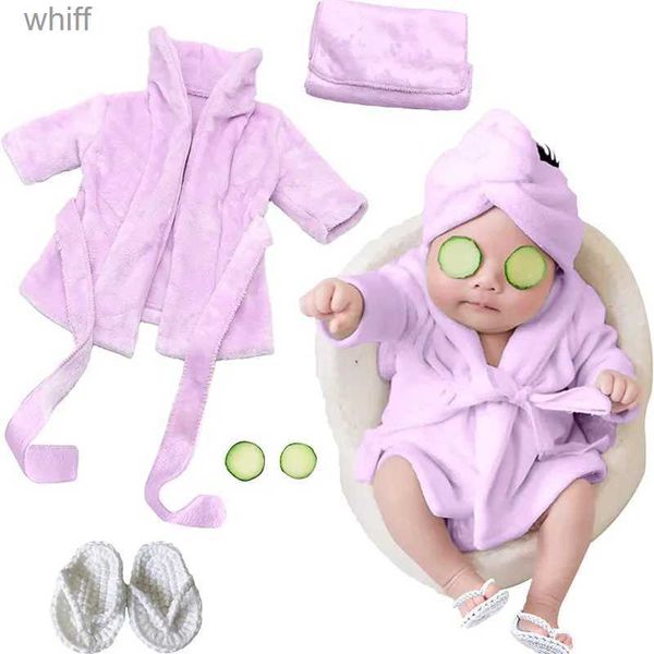 Towels Robes 5 uds nuevos albornoces para bebé Toalla de baño bata con capucha para bebé púrpura con cinturón accesorios de fotografía para recién nacidos accesorios para sesión de fotos de bebé L231123