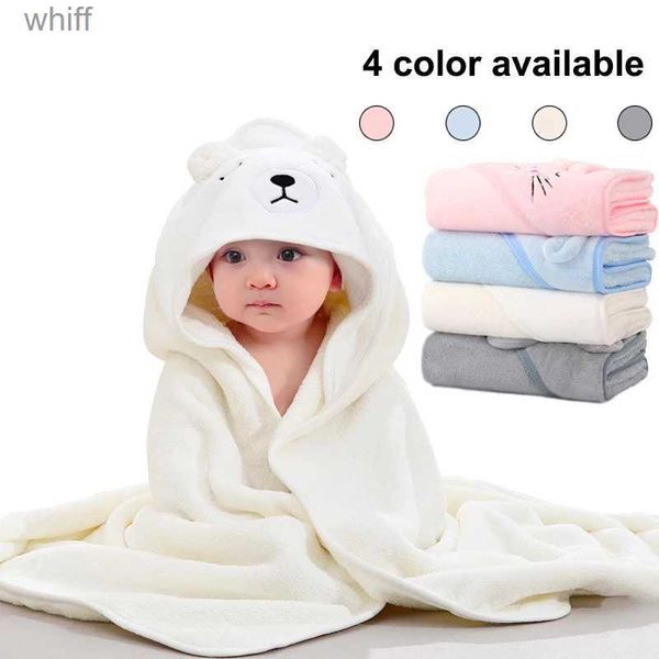 Serviettes Robes Bébé serviette de bain à capuche couverture d'emmaillotage couleur unie dessin animé corail velours super doux 80*80 cm serviette de bain pour enfants bathrobeL231123