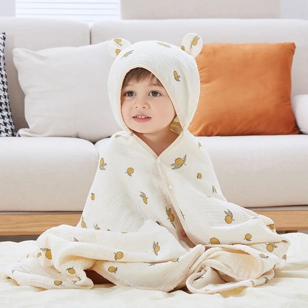 Serviettes Robes Belle imprimé ours citron enfants Robes mousseline coton bain swaddle poncho serviettes à capuche serviette de bain peignoir bébé réception couverture 231006