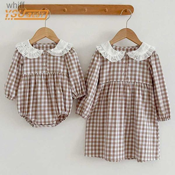 Serviettes Robes Printemps Automne Infantile Enfants Bébé Filles À Manches Longues Grille Sœurs Robe Col De Poupée Nouveau-Né Enfants Bébé Filles Enfants Vêtements BarboteusesL231123