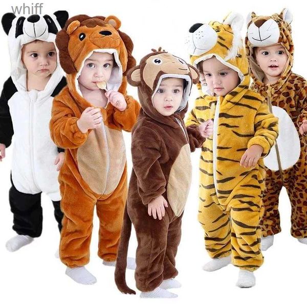 Serviettes Robes Hiver Bébé Barboteuses Bébé Pijamas Panda Tigre Léopard Singe Renard Animal Dessin Animé Combinaisons À Capuchon Cosplay Costume Garçons Fille PyjamaL231123