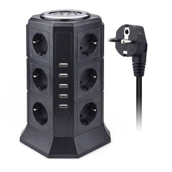 Regleta múltiple de torre, enchufe Vertical de la UE, enchufes de 12 vías con protector contra sobretensiones USB, protección de circuito, cable de extensión de 2m