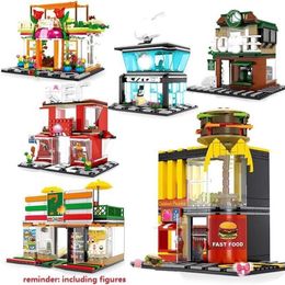 Blocs de jouets Mini ville rue blocs de construction café Hamburger magasin ville bricolage briques jouets compatibles noirs pour enfants cadeau C322H