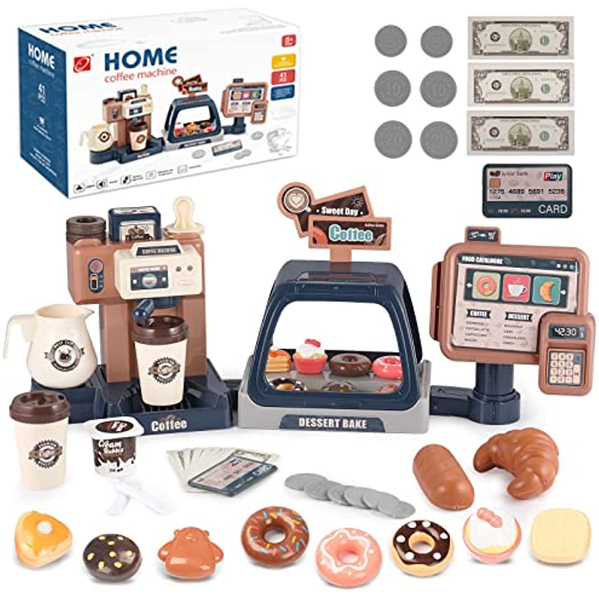 Toy Coffee Maker Machine and Cash Register Kit with Sound Light Kids Kitchen Pretend Play Sets Appliances Toy