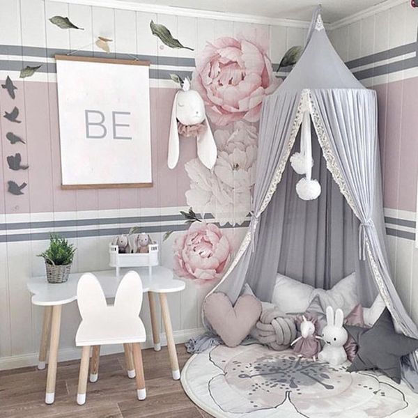 Tentes de jouets rond rose/blanc/gris auvent de lit pour fille bébé rideau de lit avec dentelle enfants jouer tente maison dôme suspendu chambre d'enfant Dossel 230111