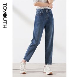 Toyouth Women Denim Jeans All-match losse hoge taille slanke rechte harembroek 210629